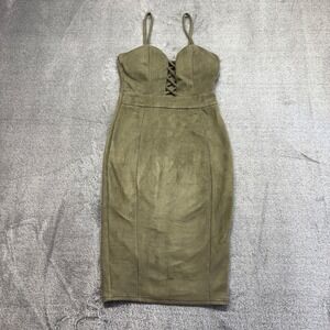 Privy Bodycon Midi Dress Women Small Olive Green Good Faux Suede Lace Up Front